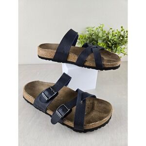 Birkenstock Gizeh Navy Blue Leather‎ Strappy Buckle Cork Footbed Sandals Women